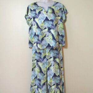 Linen Tropical Palm Island Vacation Top Matching Pant Set Resortwear Coastal